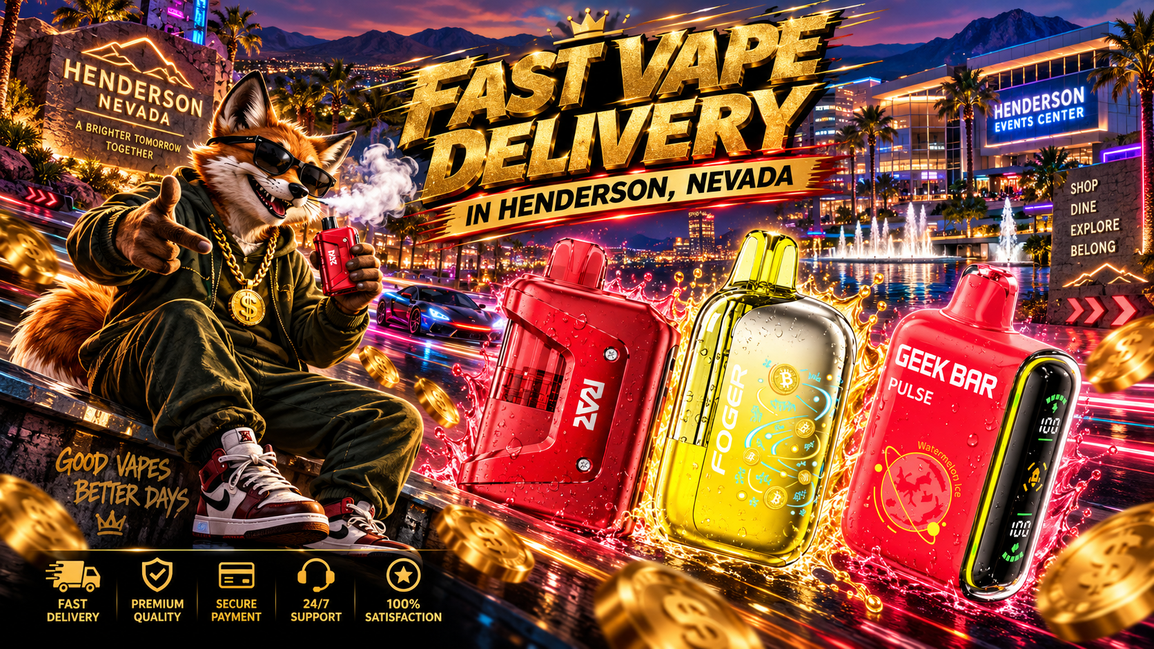 Colorful vaping devices with water splashes against a glowing Henderson cityscape with mountains and service icons.