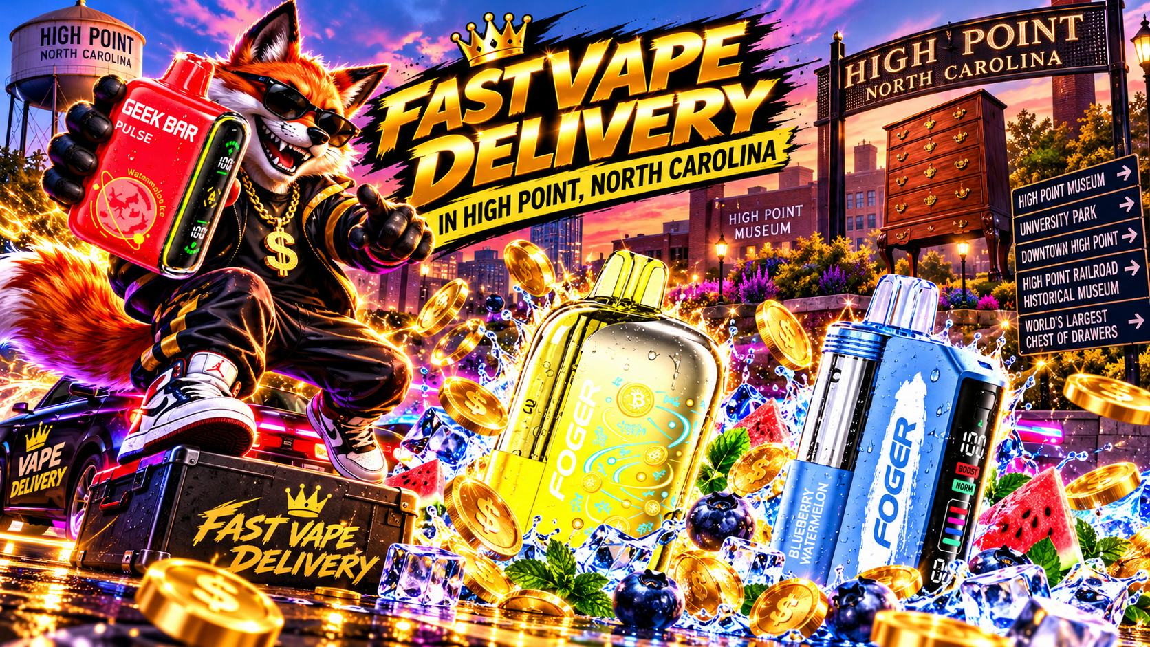 Colorful compact vape devices with water droplets, ice cubes, fruit accents, and flying gold coins in a High Point city scene.