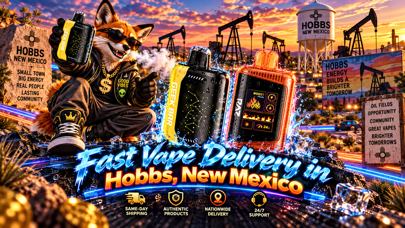 Water-dappled colorful devices framed by icy splashes and glowing trails with Hobbs industrial scenery at sunset.