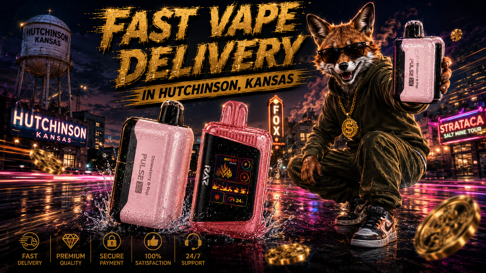 Pink vape devices with water drops and a stylish fox stand amid neon lights and city landmarks in Hutchinson, Kansas.