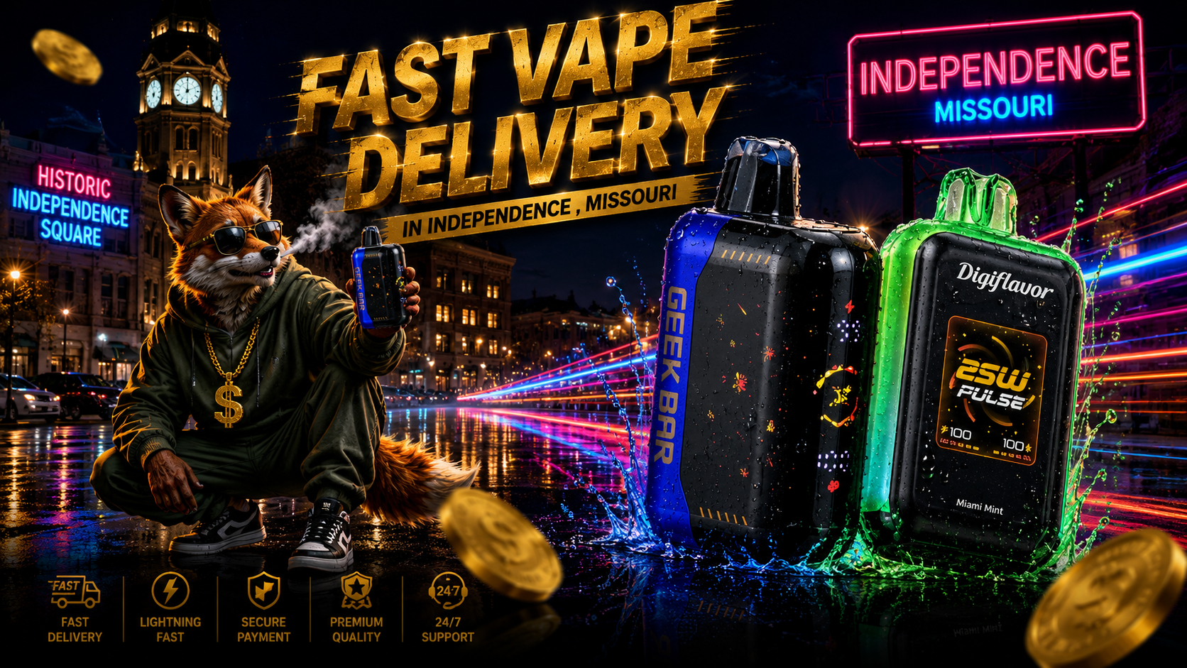 Colorful vape devices with water droplets and splash effects against a neon-lit Independence, Missouri cityscape.