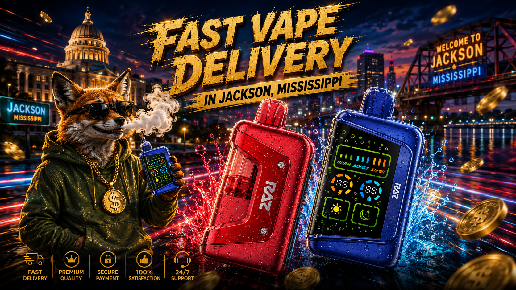 Vape devices with water splashes, neon light trails, gold coins and a fox against the Jackson, Mississippi skyline.