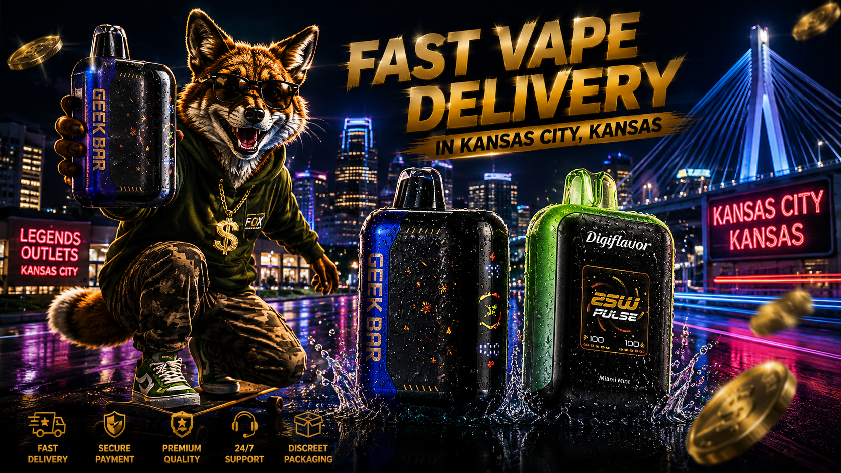 Three colorful vape devices with water splashes, a skateboarding fox, city lights, and a glowing Kansas City bridge.