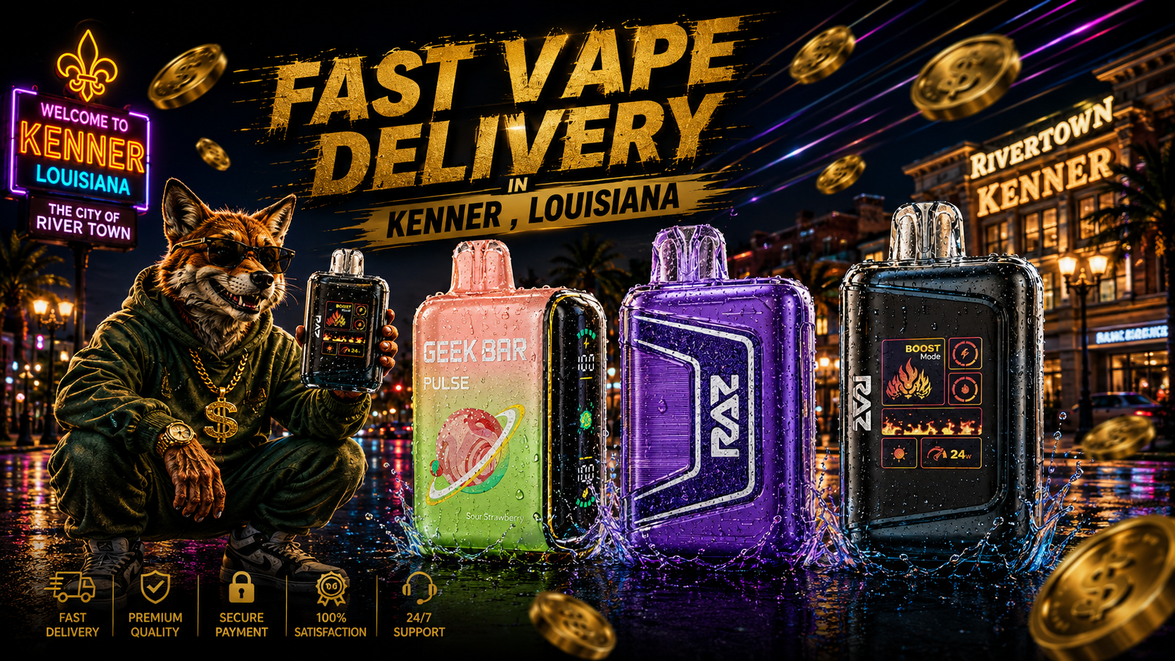 Colorful vape devices with water droplets, neon city lights, and a fox mascot in a lively Kenner night setting.
