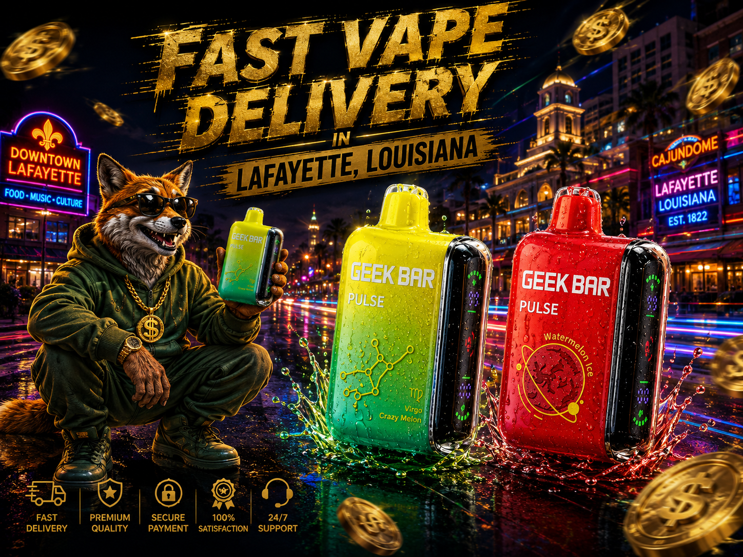 Green and red vape devices with water droplets stand in a vibrant Lafayette night scene beside a stylish fox mascot.