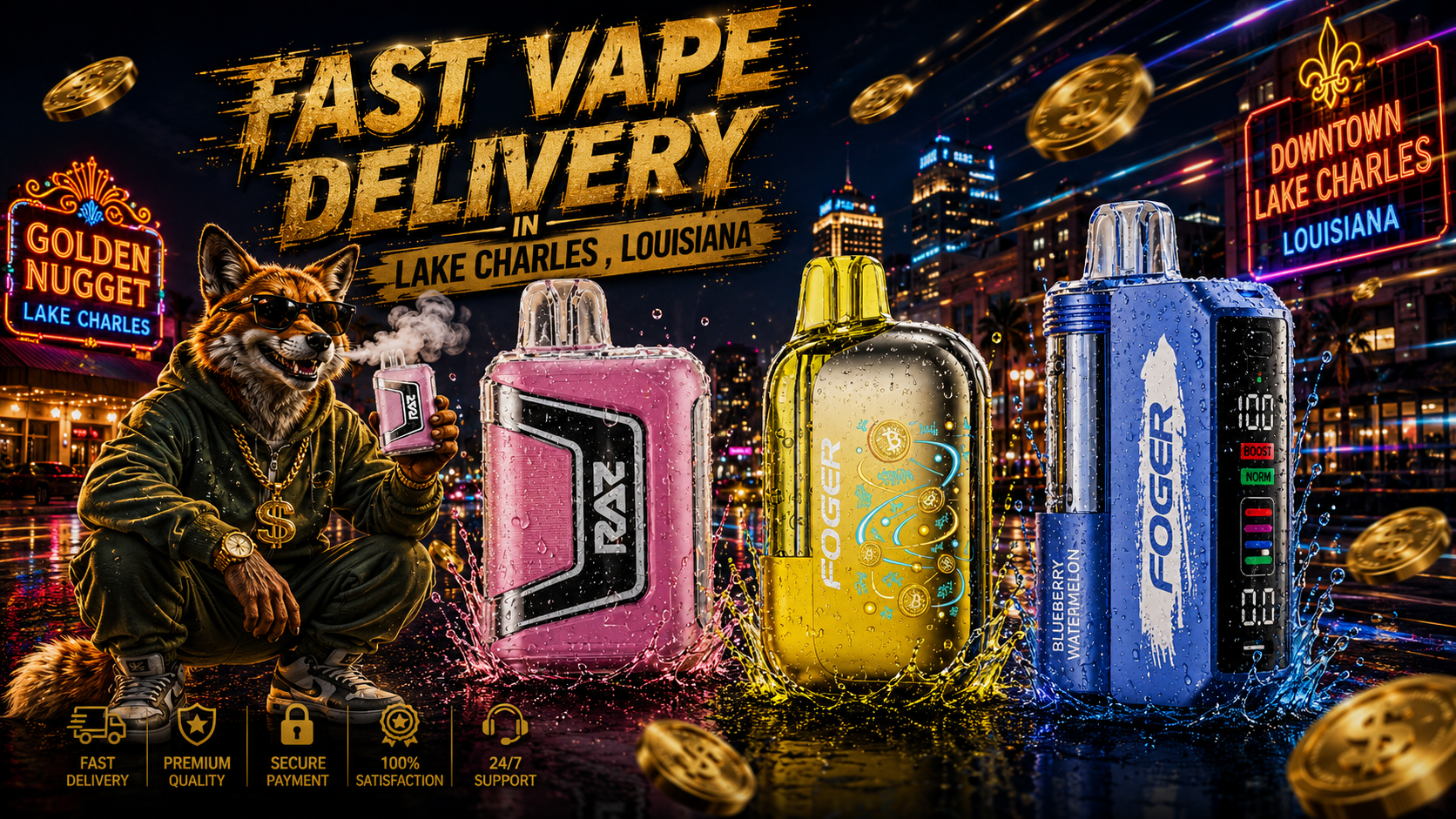 Pink, gold and blue vape devices with water splashes stand against glowing Lake Charles streets beside a fox mascot.
