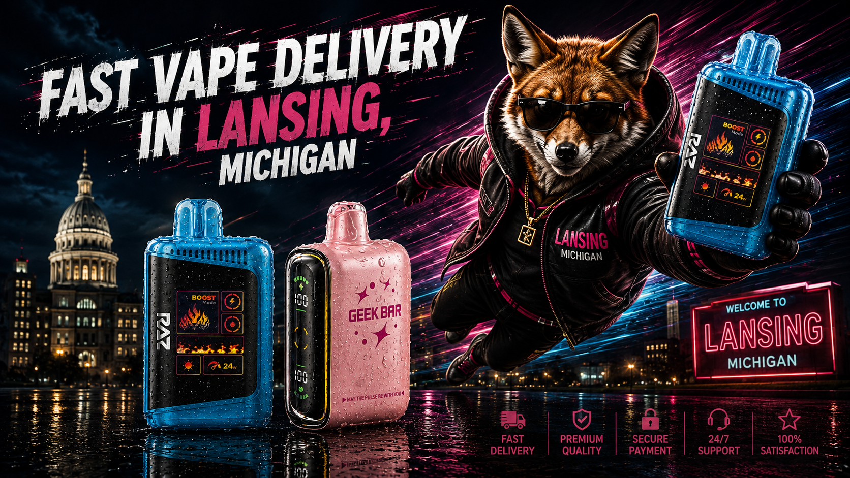 Blue and pink vape devices with water droplets, a flying fox, and glowing Lansing landmarks in a dramatic night scene.