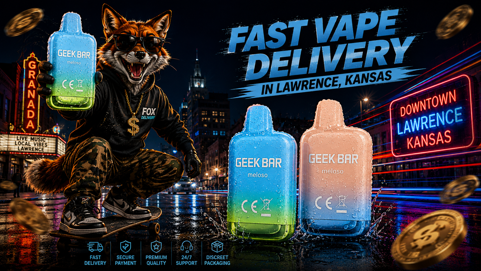 Three colorful vape devices with water droplets, a skateboarding fox, neon streets and Lawrence city lights.