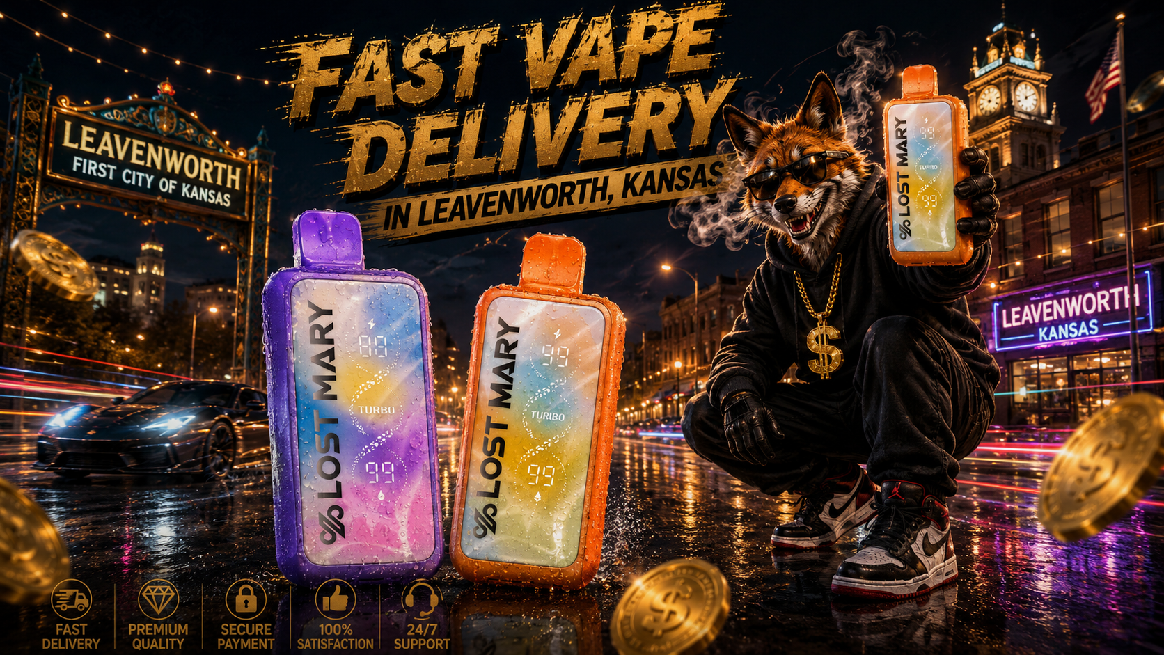 Three water-detailed vape devices stand beside a stylish fox amid glowing streets and landmarks in Leavenworth, Kansas.