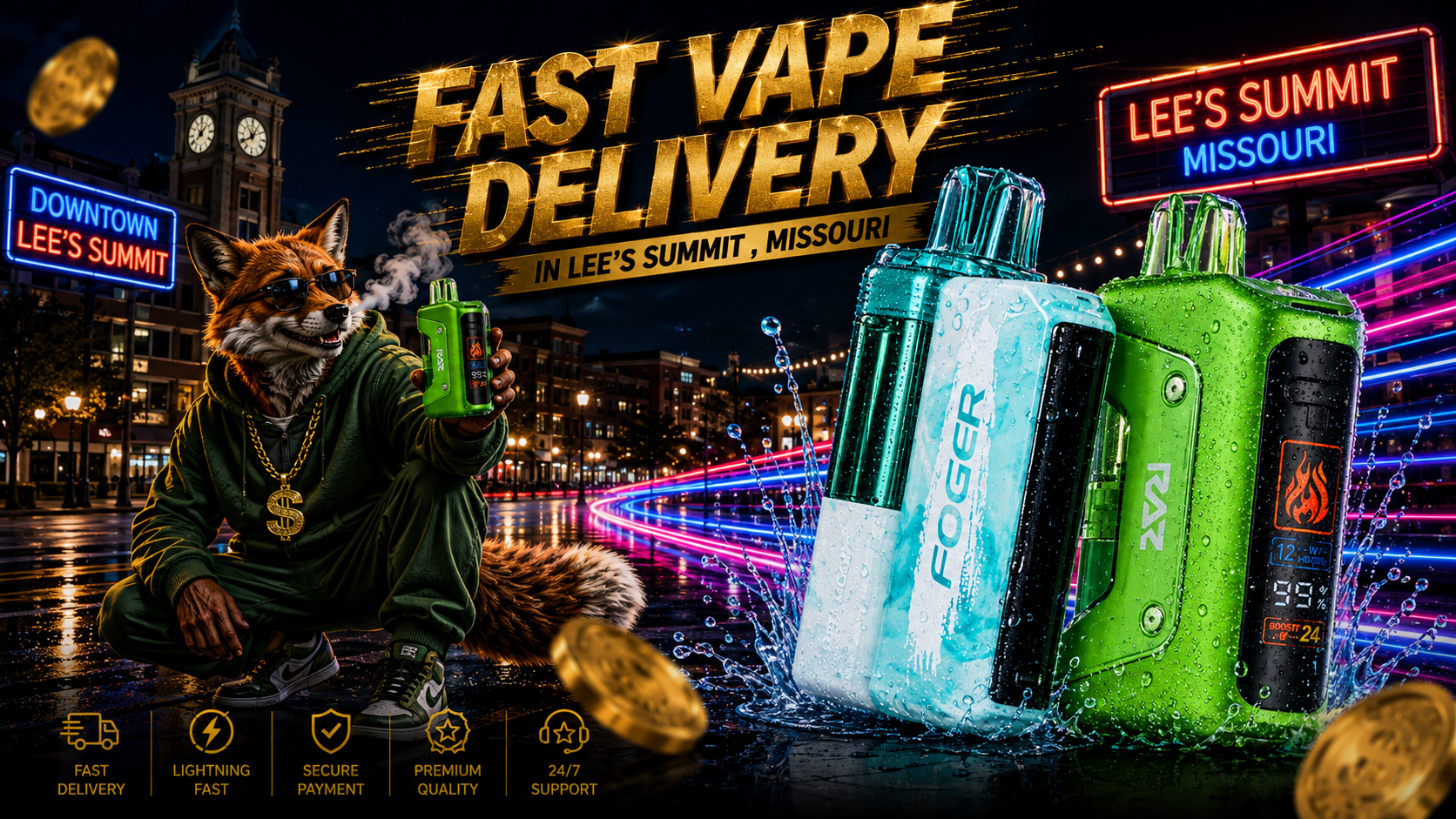 Blue and green vape devices with water droplets and splash effects against a neon-lit Lee’s Summit, Missouri cityscape.