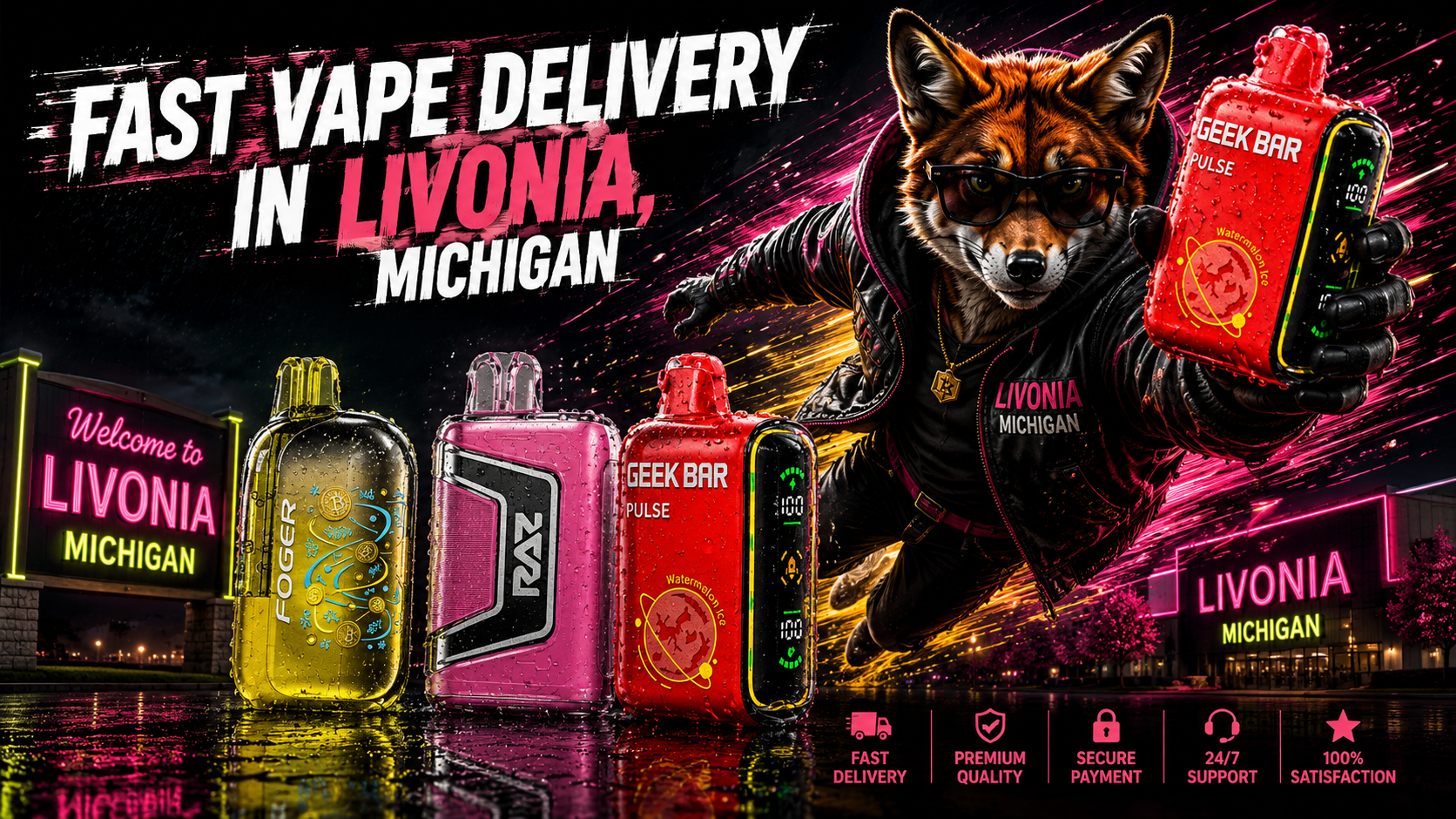 Water-covered vape devices glow beside a flying fox and vivid neon scenery in a colorful nighttime Livonia setting.