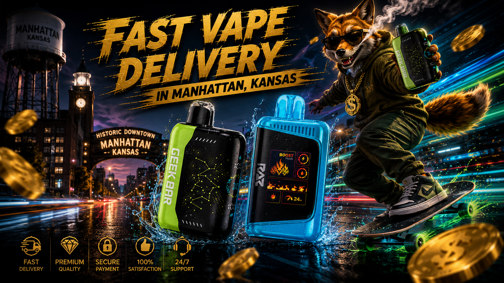 Water-splashed vape devices and a skateboarding fox framed by bright lights across downtown Manhattan, Kansas.