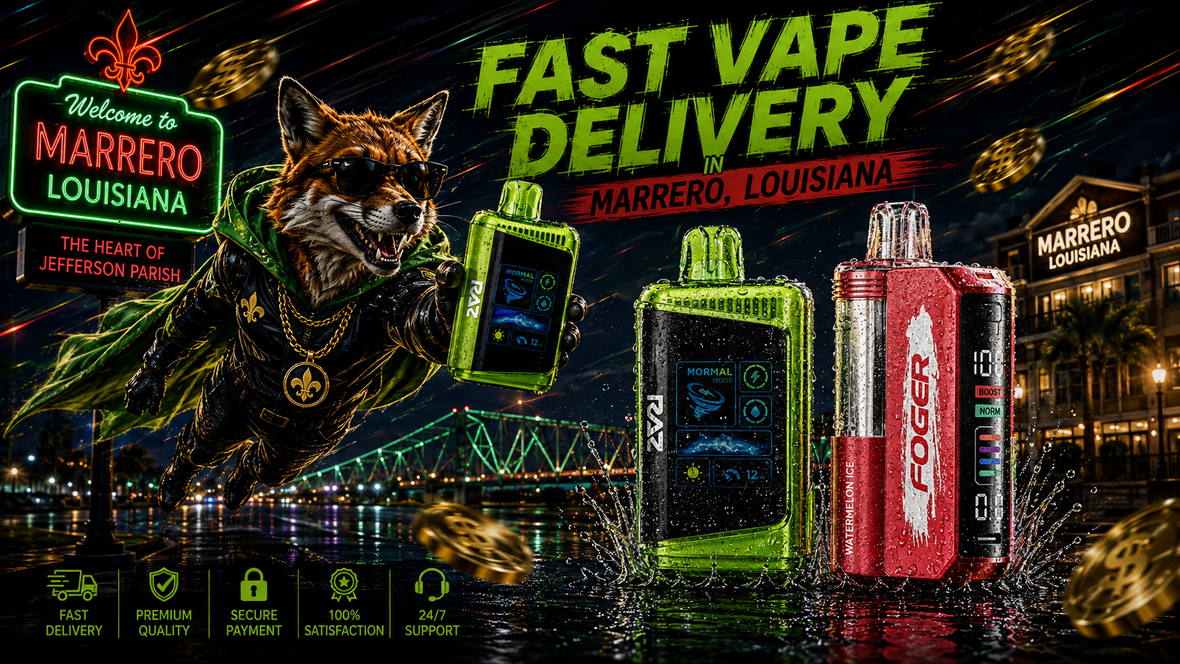 Green and red vape devices covered in water droplets, displayed against a vivid Marrero waterfront at night.
