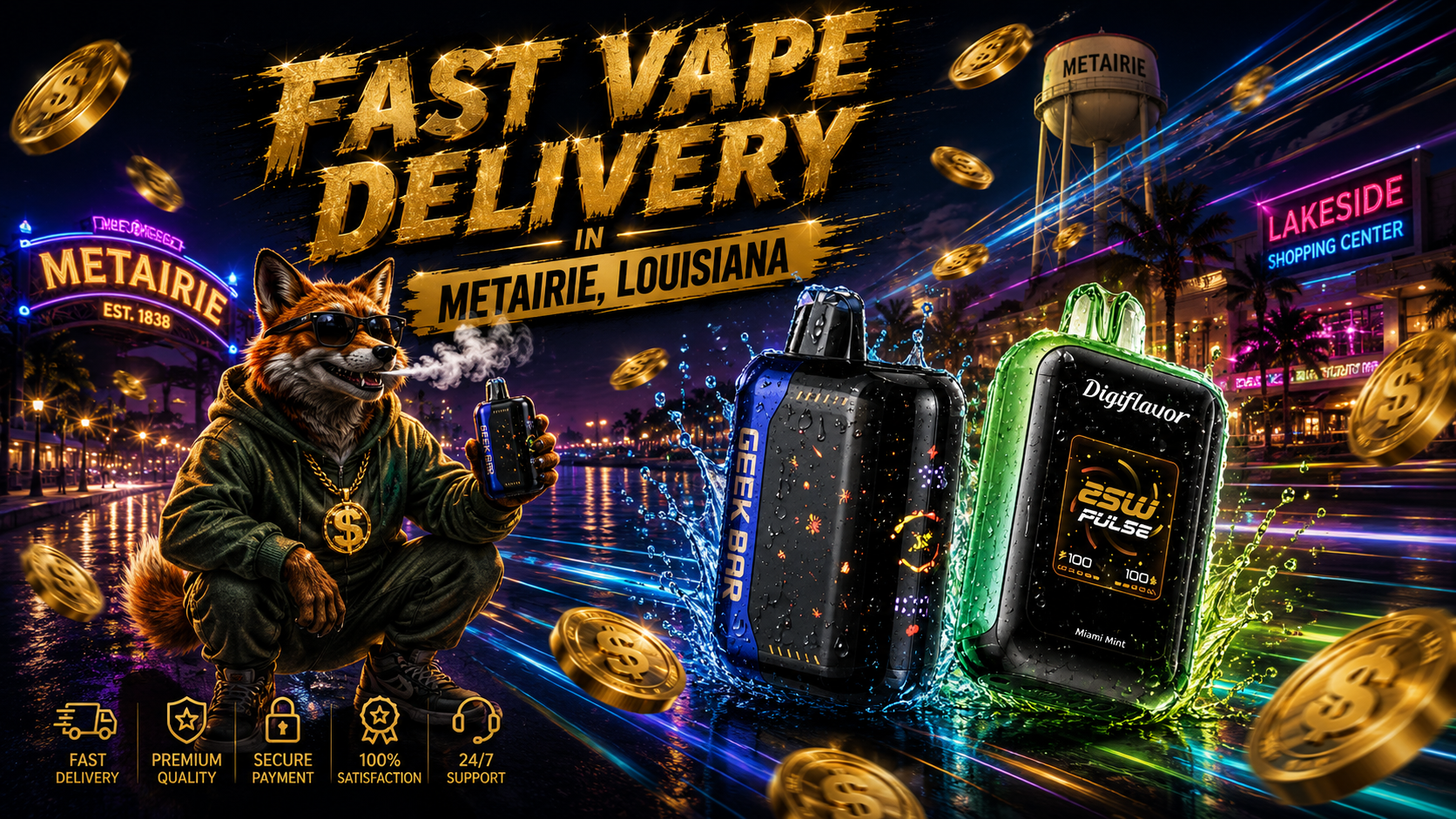 Two water-covered vape devices glow against a vivid Metairie night scene with a stylish fox and dynamic light trails.
