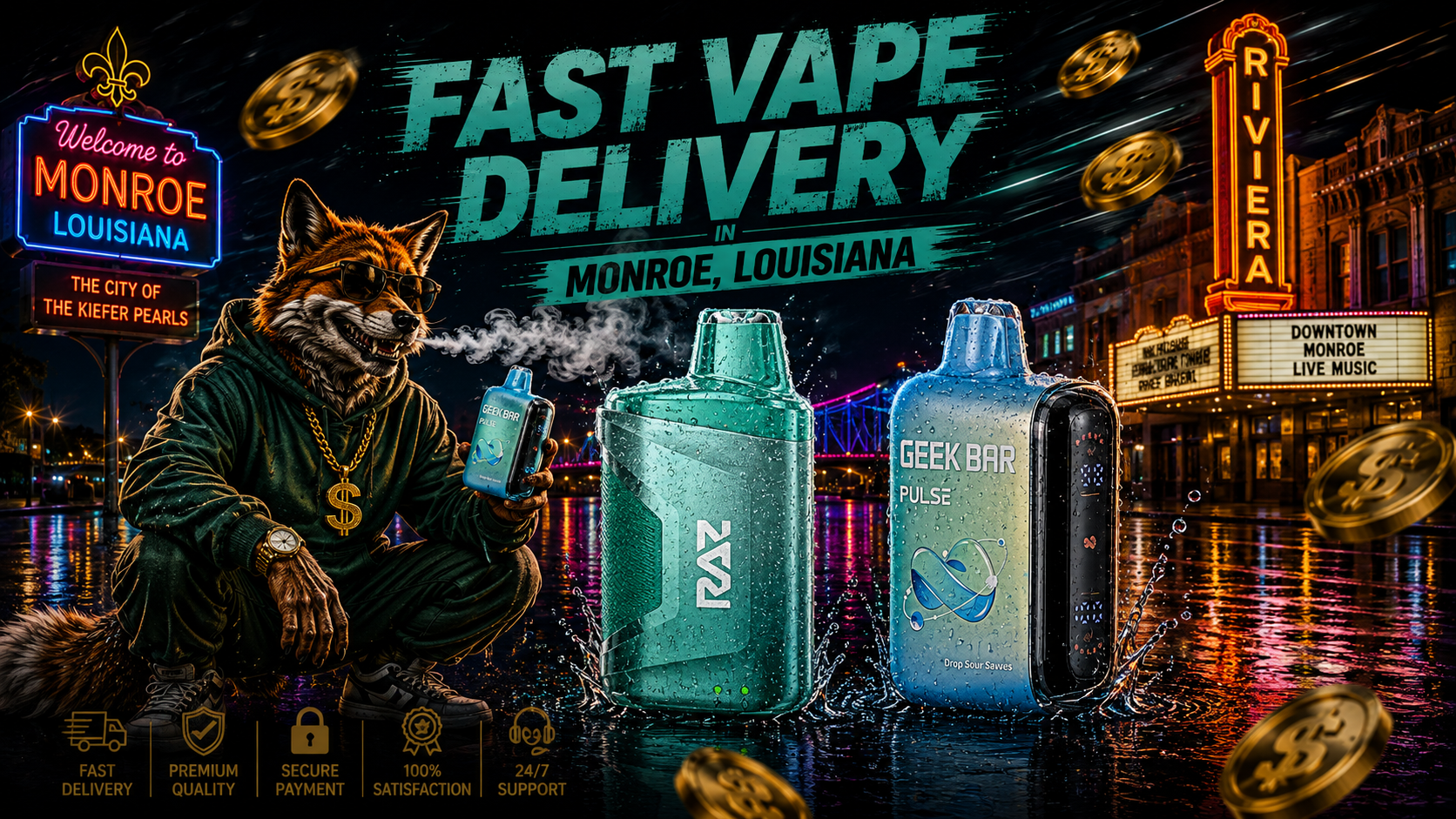 Aqua and blue vape devices with water droplets beside a fox mascot against Monroe’s colorful downtown nightscape.