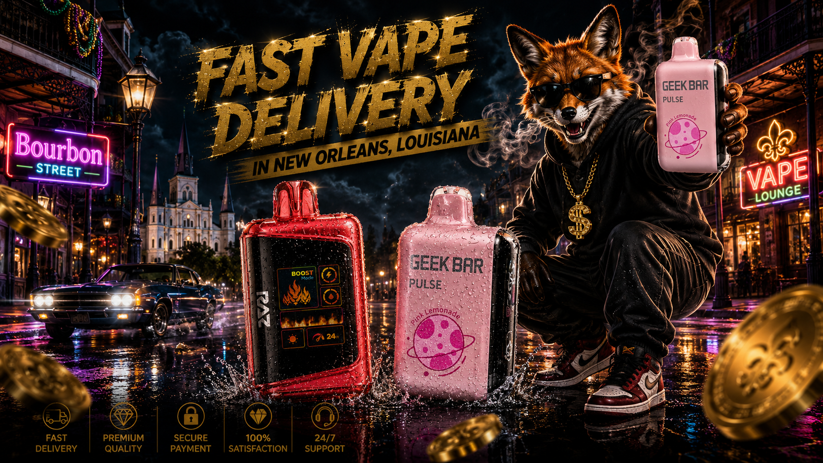 Pink and red vape devices with water drops stand beside a fox against a vibrant New Orleans night cityscape.