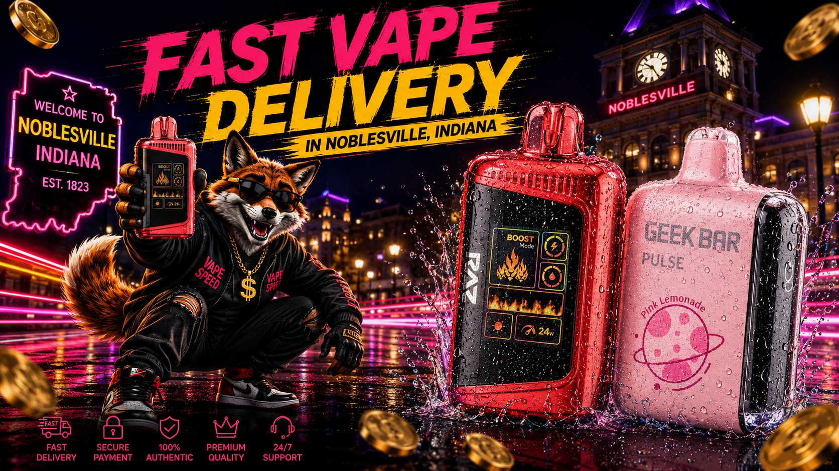 Two colorful vape devices with water splashes and gold coins glow against a vivid Noblesville night scene.