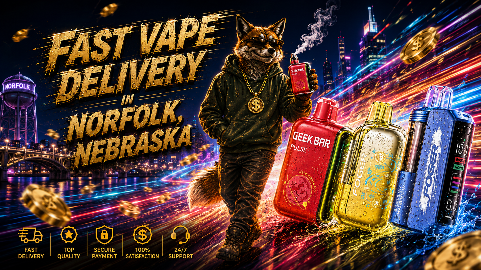 Red, gold and blue vape devices with water droplets, colorful light trails, gold coins, and a Norfolk city backdrop.