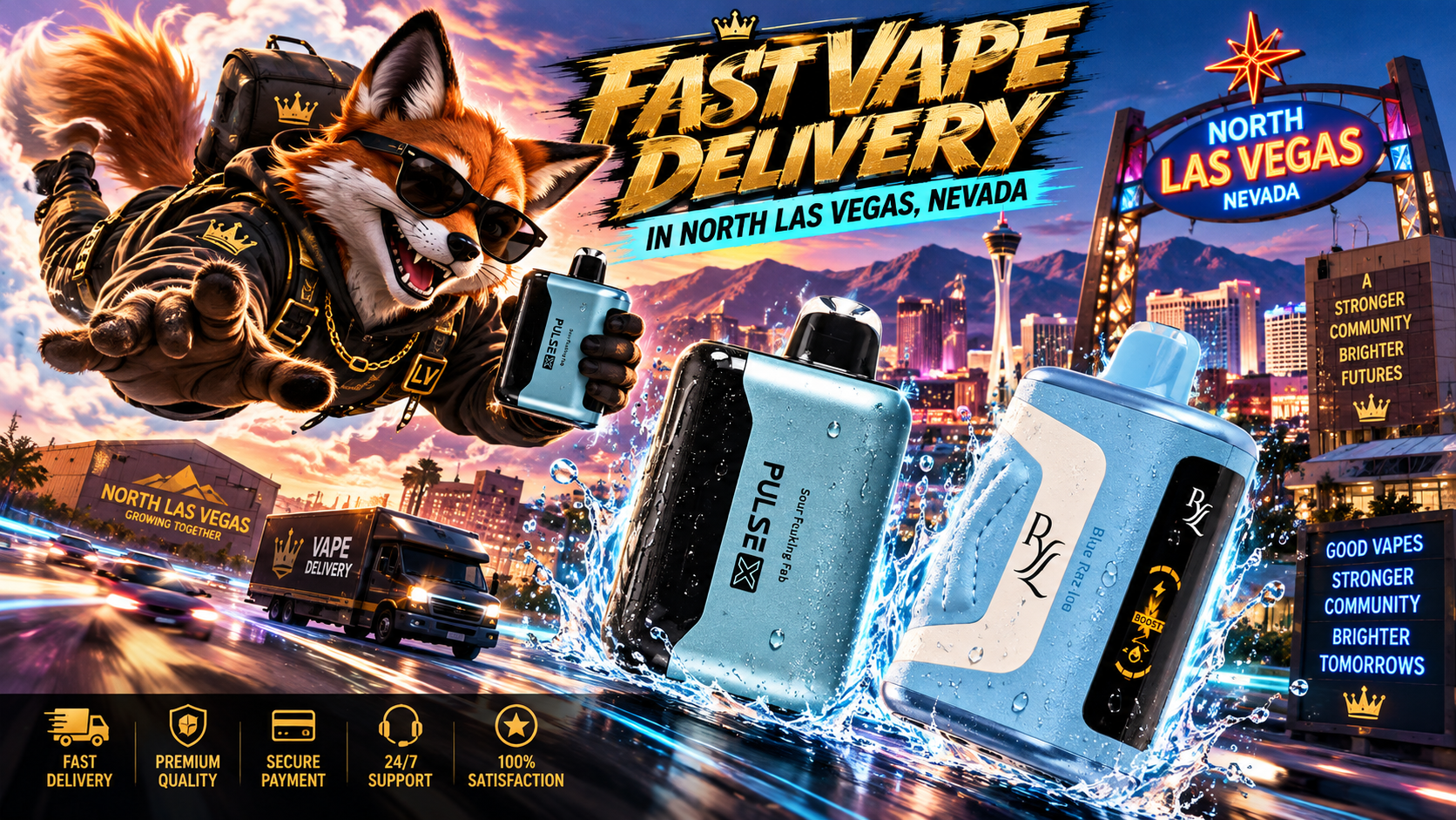 Blue vaping devices with water splashes against a vibrant North Las Vegas skyline with fast delivery service icons.