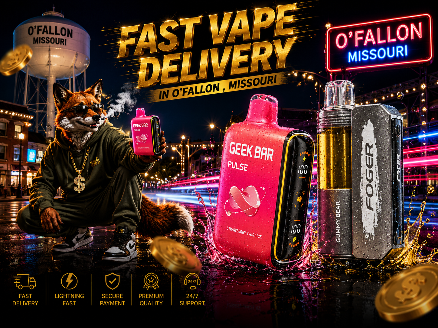 Pink and silver vape devices with water droplets and colorful splashes in a vibrant nighttime O’Fallon city scene.