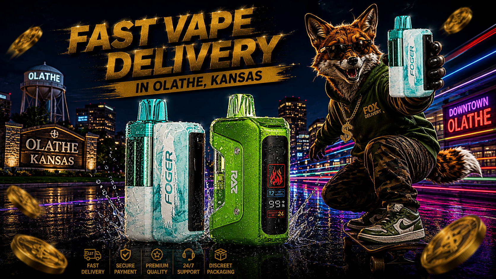 Aqua and green vape devices with water splashes, neon Olathe scenery, gold coins, and a skateboarding fox.
