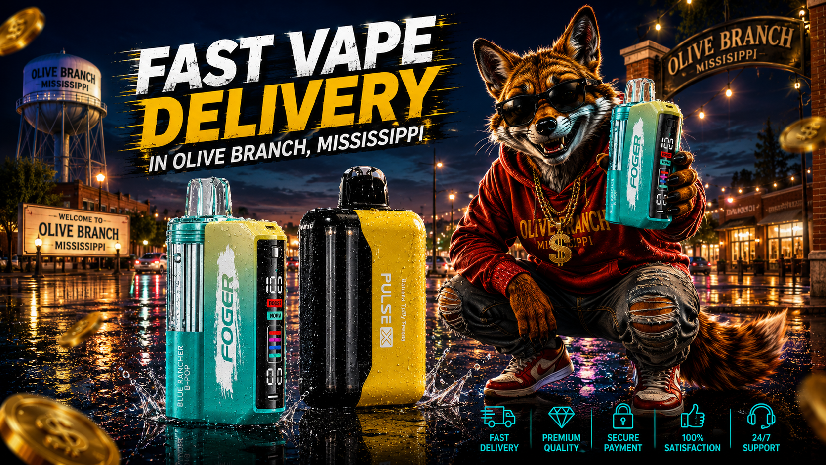 Turquoise and yellow vape devices covered in water droplets on a glowing Olive Branch street with a fox mascot.
