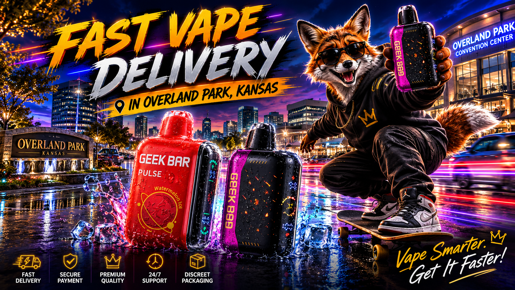 Water-splashed vape devices and a skateboarding fox highlight a vibrant fast-delivery scene in Overland Park.