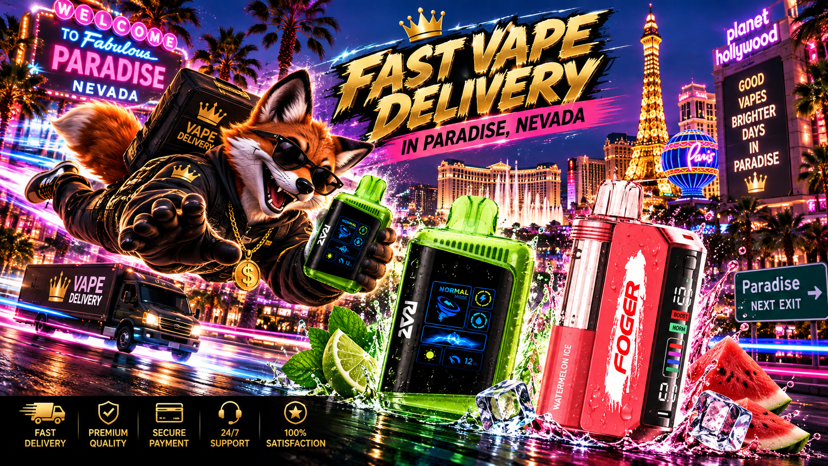 Colorful vaping devices with water splashes against a vibrant Paradise, Nevada skyline with fast delivery service icons.