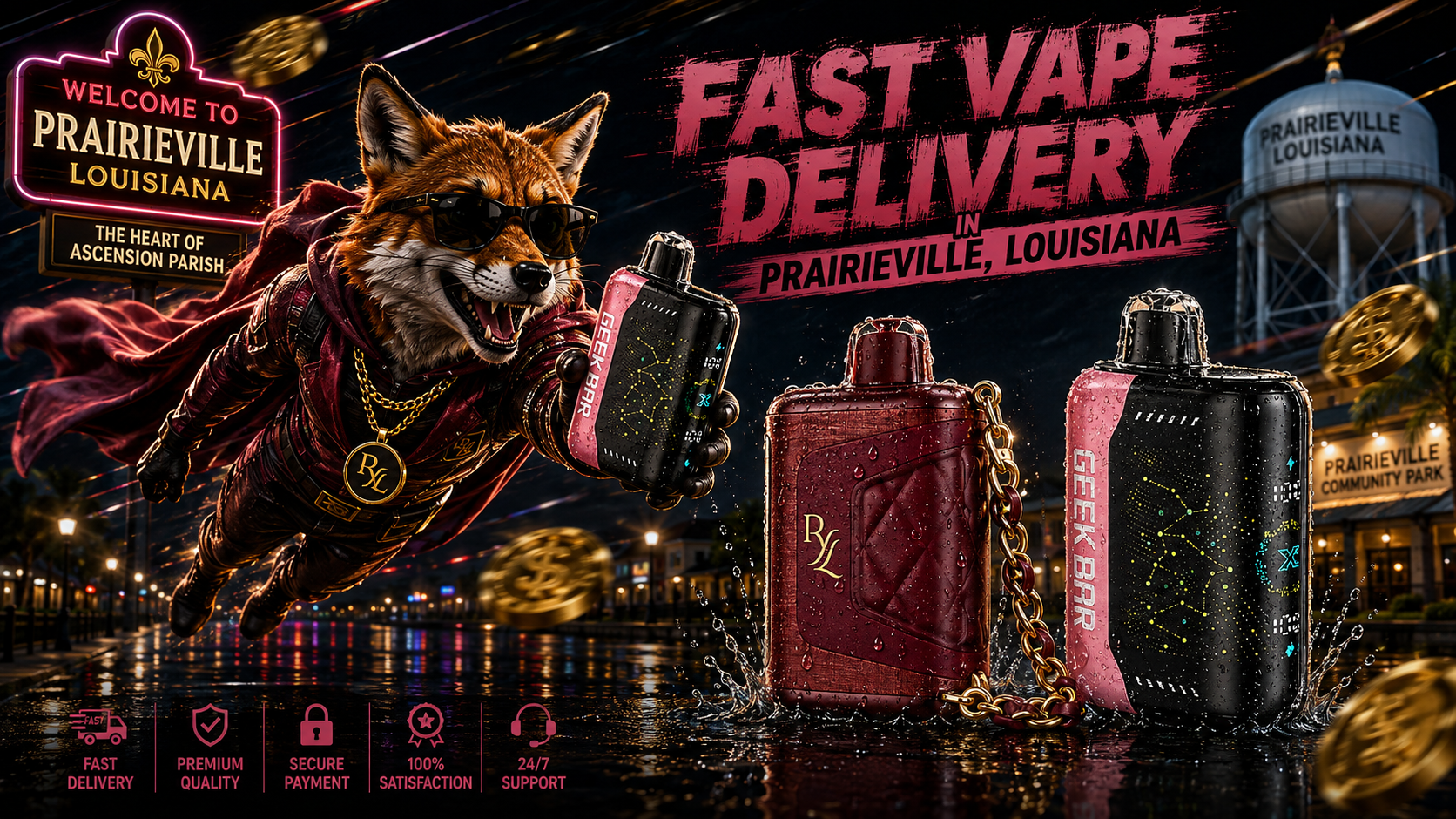 Water-dappled vape devices in vivid pink and burgundy tones framed by a glowing Prairieville night scene.