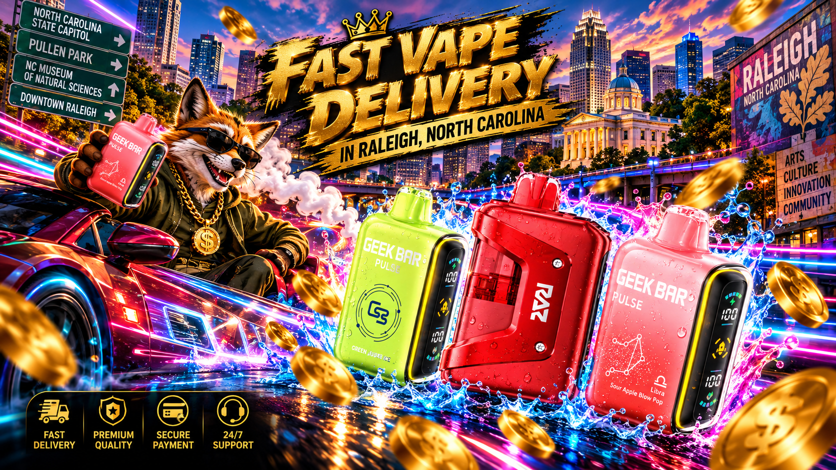 Bright vape devices with water droplets stand amid colorful splashes, glowing city lights, and flying golden coins.