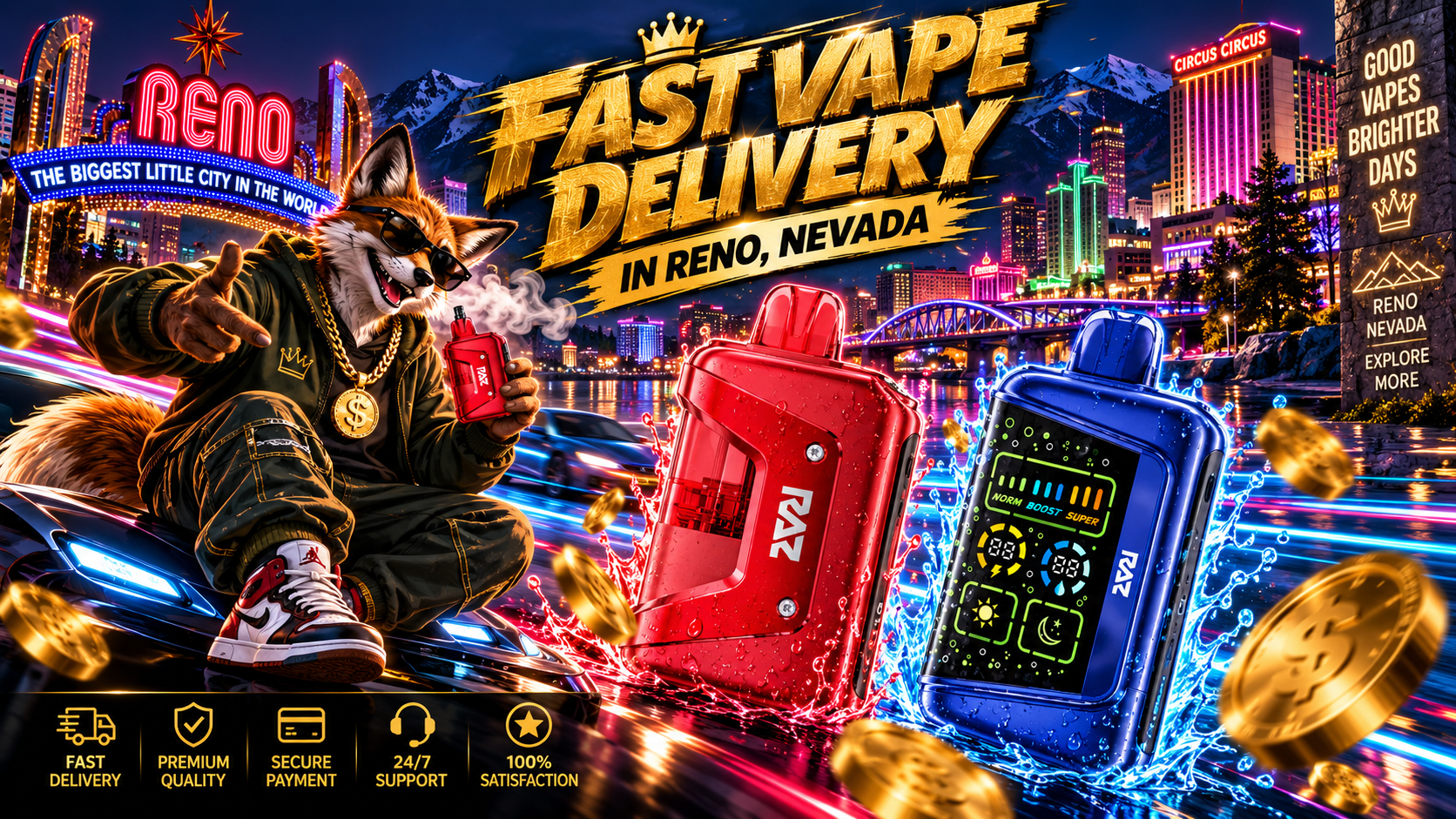 Colorful vaping devices with water splashes against a neon Reno skyline with mountains and fast delivery service icons.