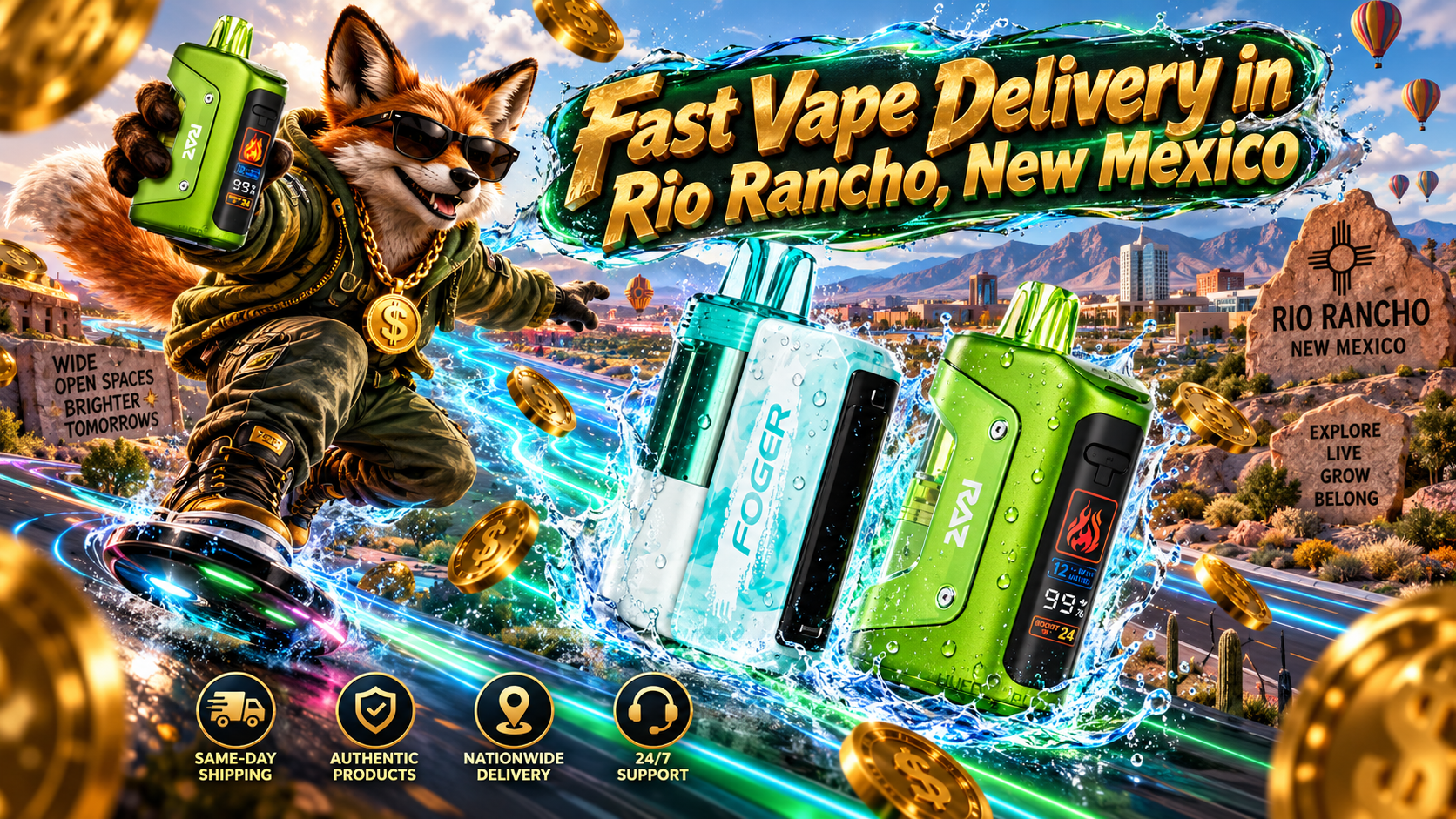 Colorful compact devices with water droplets and splashes, neon motion trails, golden coins, and a bright Rio Rancho backdrop.