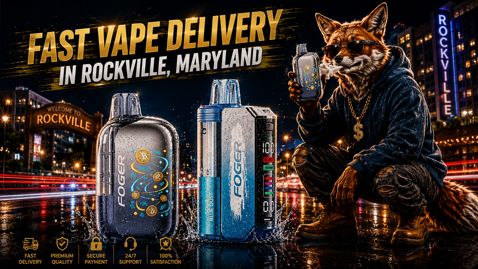 Two modern vape devices covered in water droplets glow against a vibrant nighttime Rockville city backdrop.