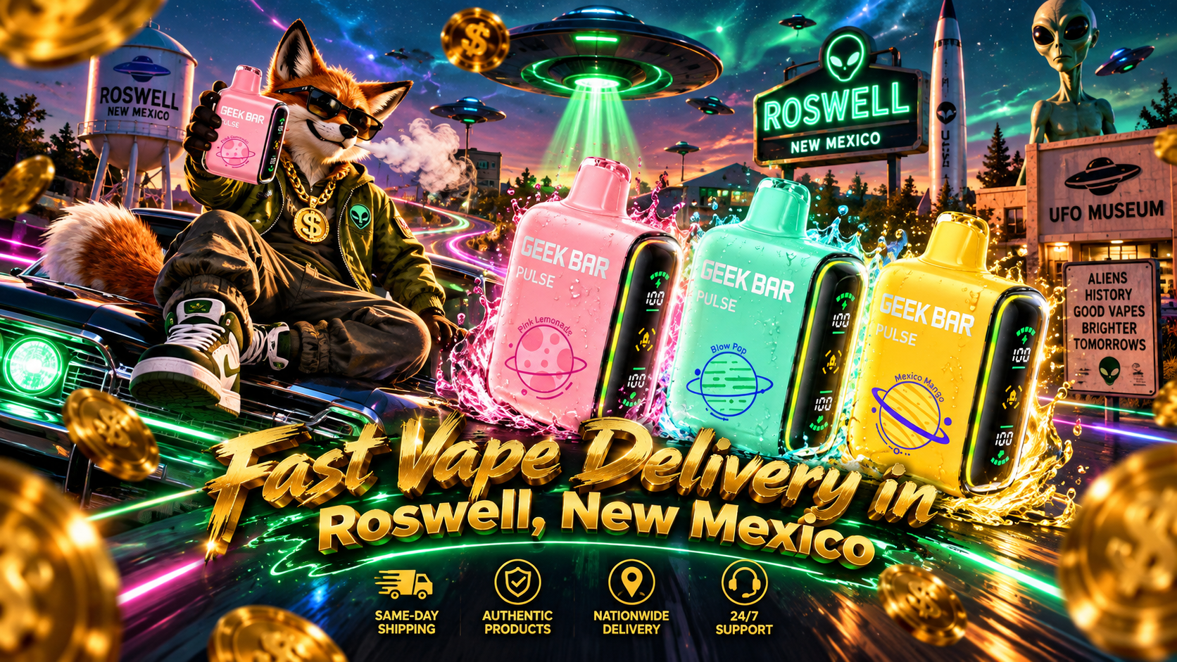 Three colorful compact devices with water effects, neon lights and golden coins in a playful Roswell UFO night scene.