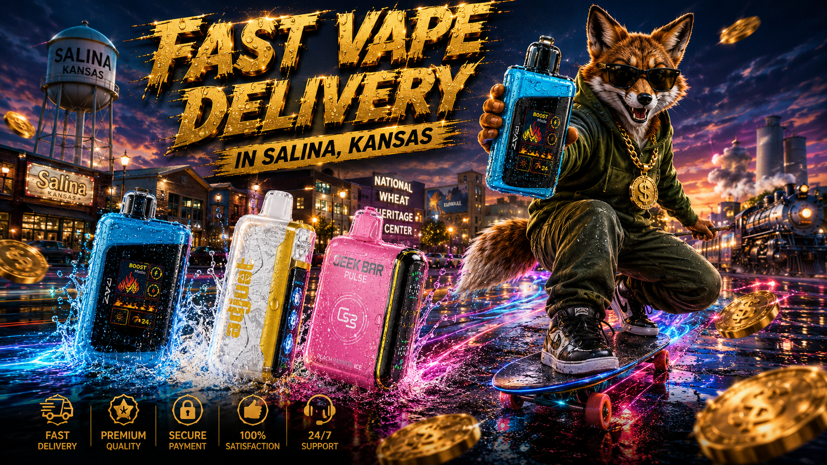 Water-splashed vape devices and a skateboarding fox race through a vivid Salina scene with colorful motion trails.