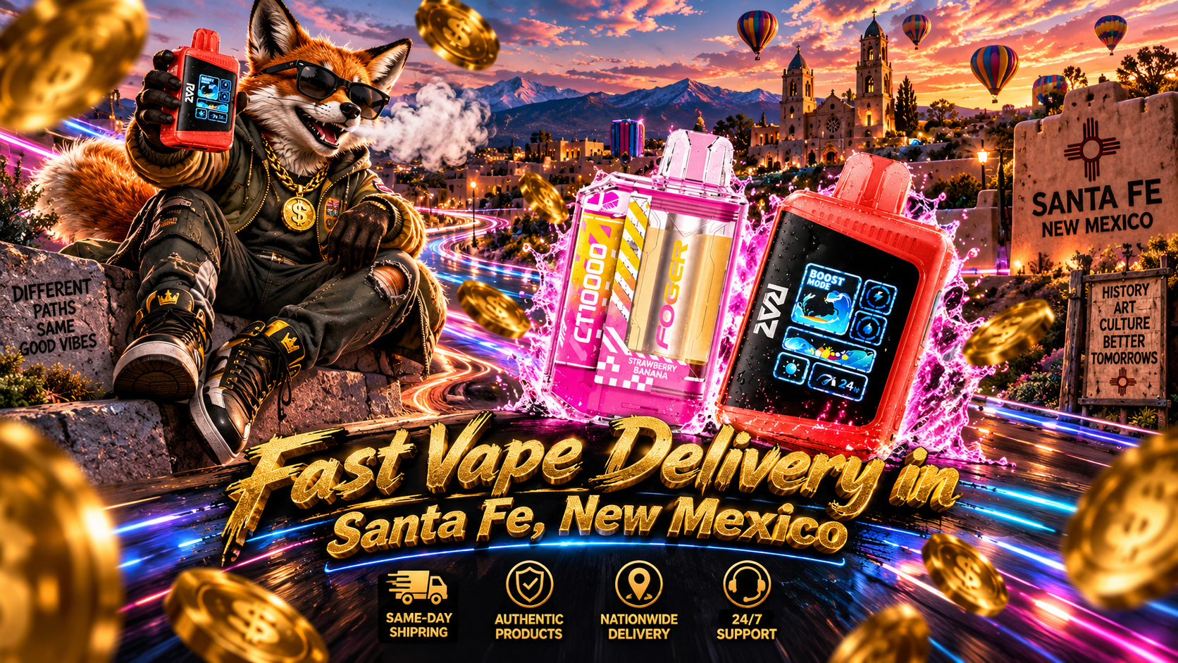 Bright compact devices surrounded by vivid water splashes and glowing trails against Santa Fe architecture at sunset.