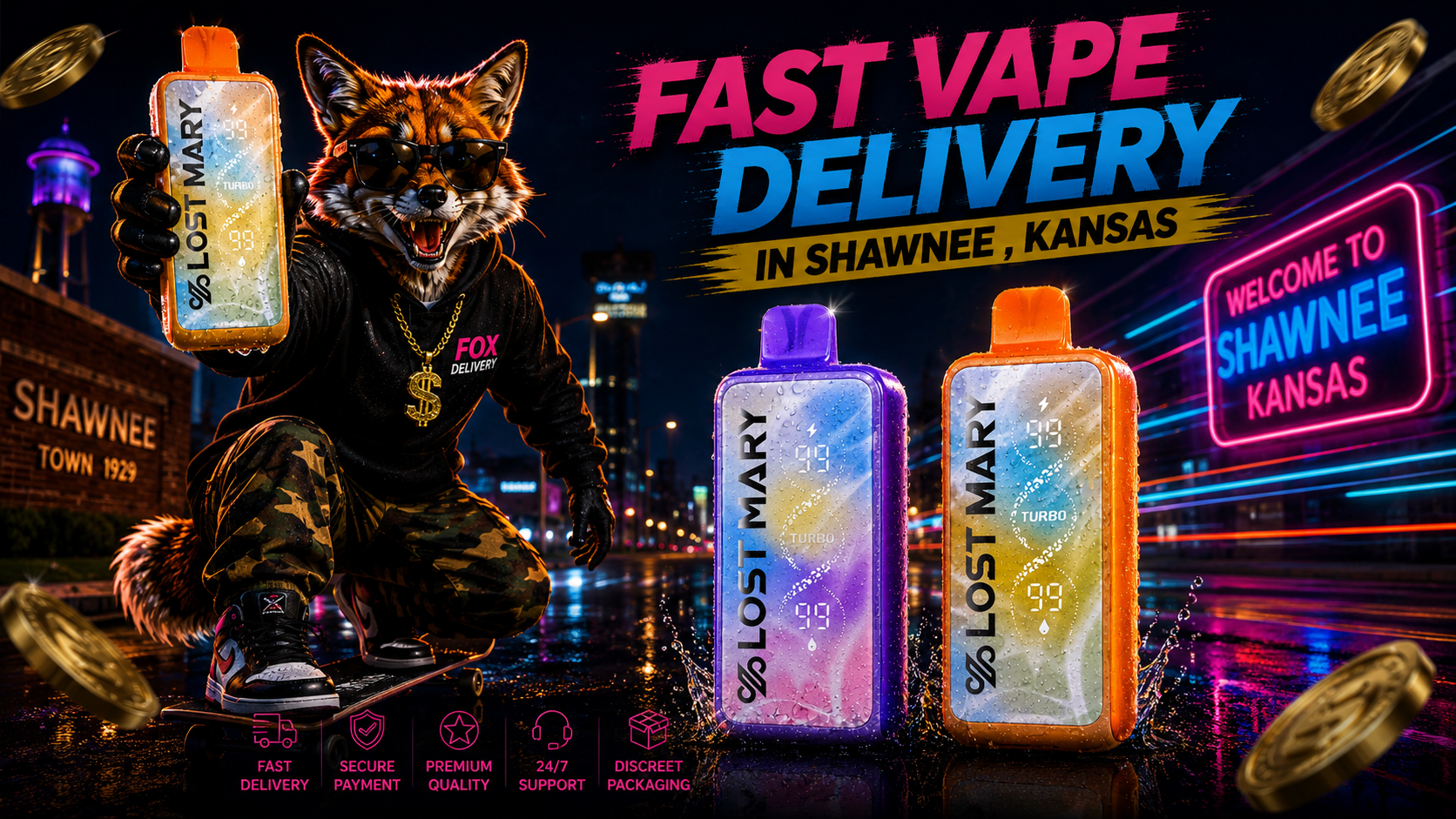 Three sleek vape devices with water droplets, a skateboarding fox, neon trails and a vivid Shawnee night scene.