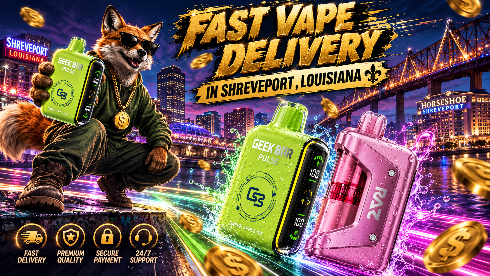 Green and pink vape devices splash through vivid light trails with a fox against Shreveport’s illuminated skyline.