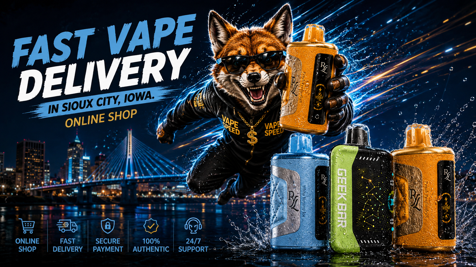 Colorful water-detailed devices and a flying fox stand out against a glowing Sioux City skyline with bright motion trails.