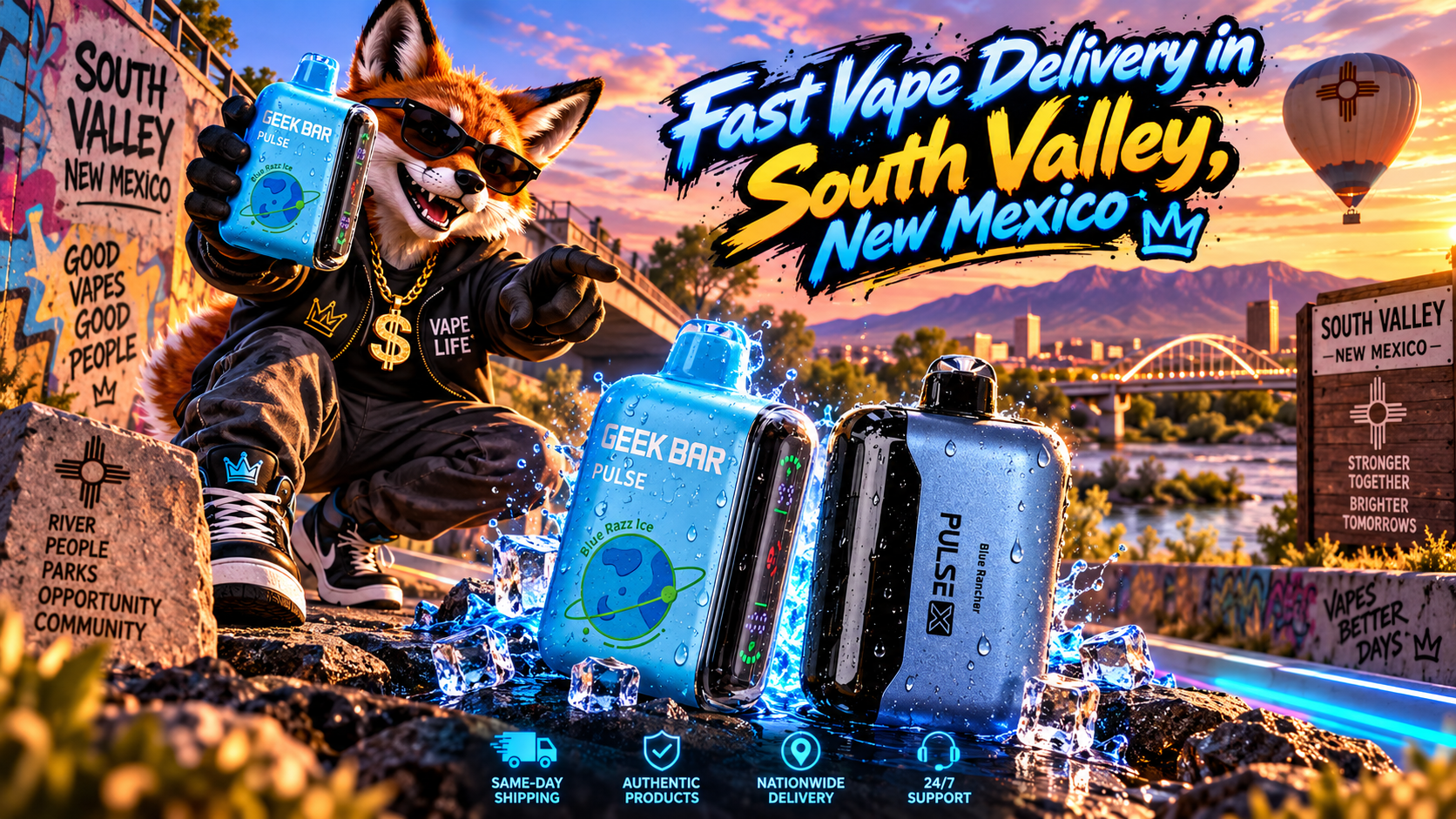 Blue and silver devices with water droplets and ice cubes beside a fox overlooking South Valley at sunset.