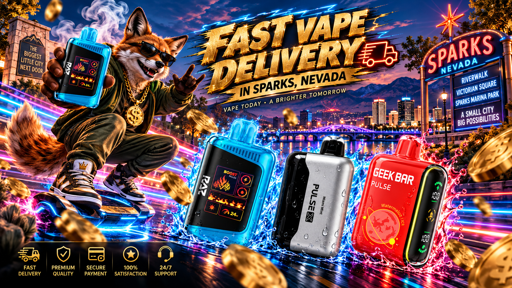 Colorful vaping devices with water splashes and delivery graphics against a vibrant Sparks, Nevada cityscape.