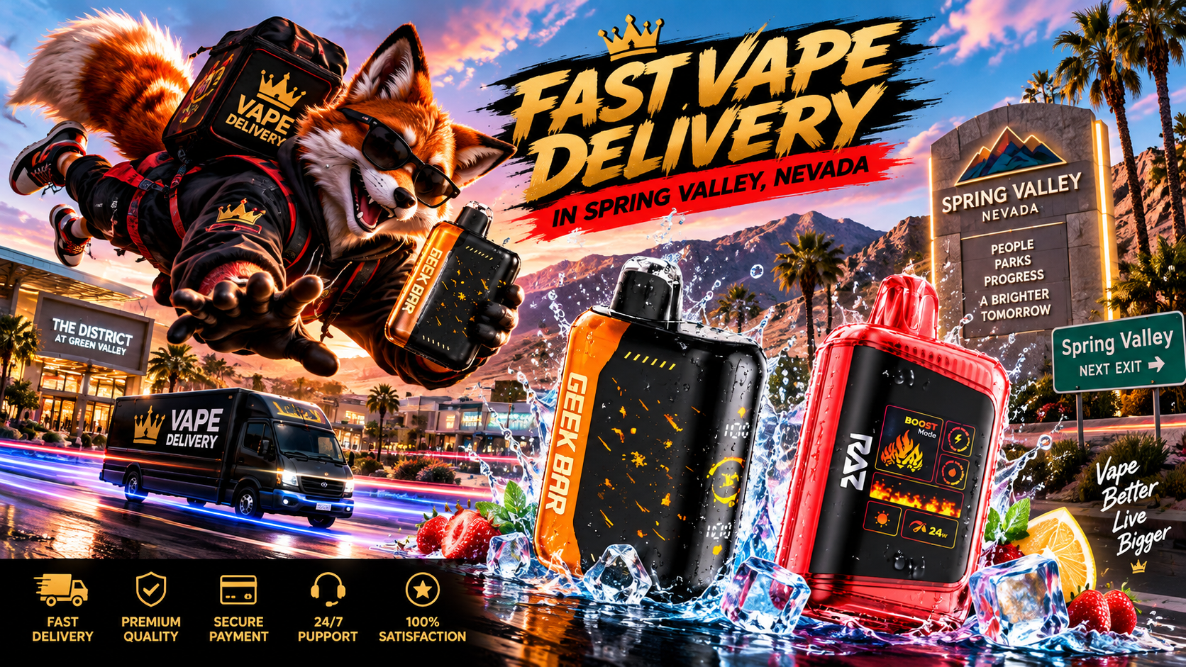 Colorful vaping devices with water splashes against a sunny Spring Valley, Nevada landscape with mountains and palm trees.