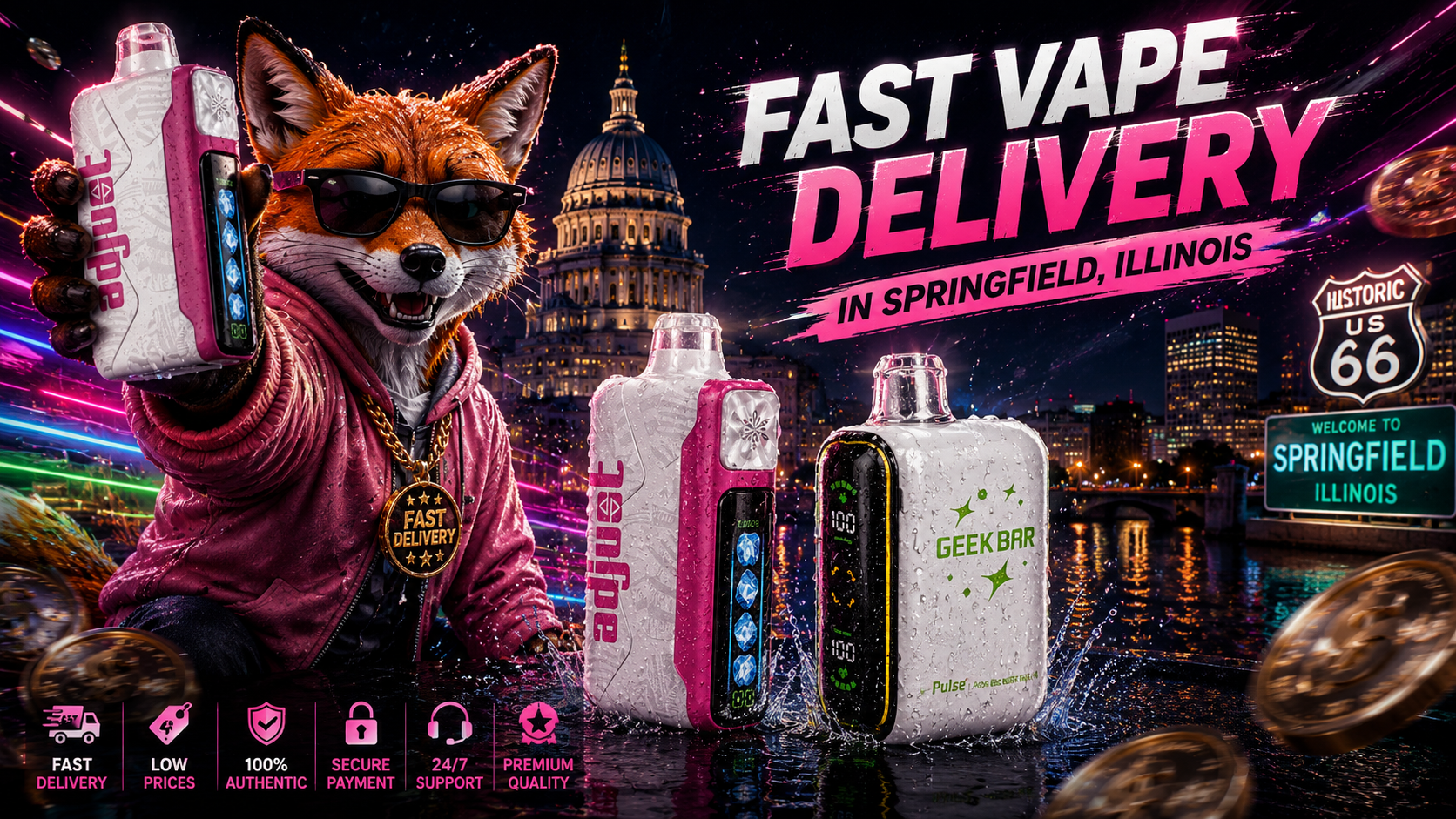 Pink and white vape devices with water droplets, a fox mascot, and bright Springfield landmarks at night.