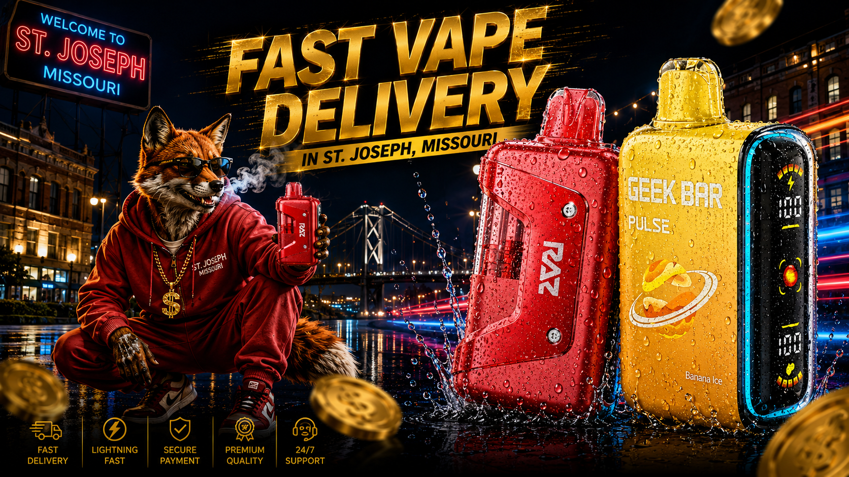 Red and yellow vape devices with water droplets and splashes against a vibrant nighttime St. Joseph city scene.
