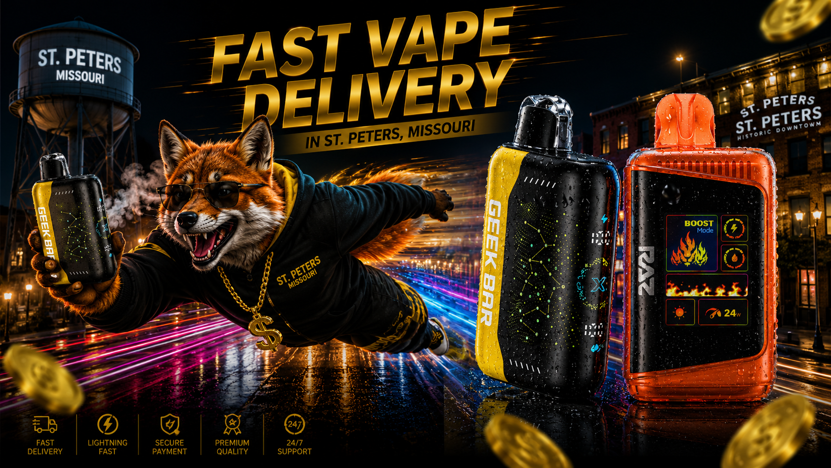 Black and orange vape devices with water droplets in a dynamic nighttime St. Peters city scene with colorful light trails.