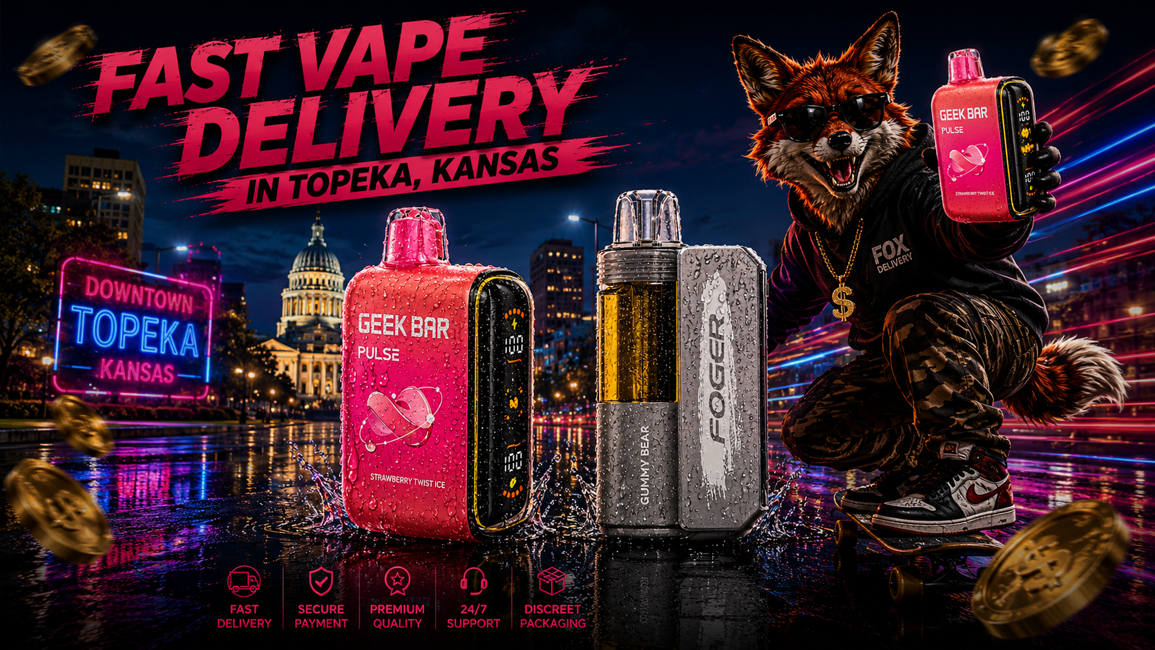Pink and silver vape devices with water drops, neon trails, a skateboarding fox, and the illuminated Topeka skyline.