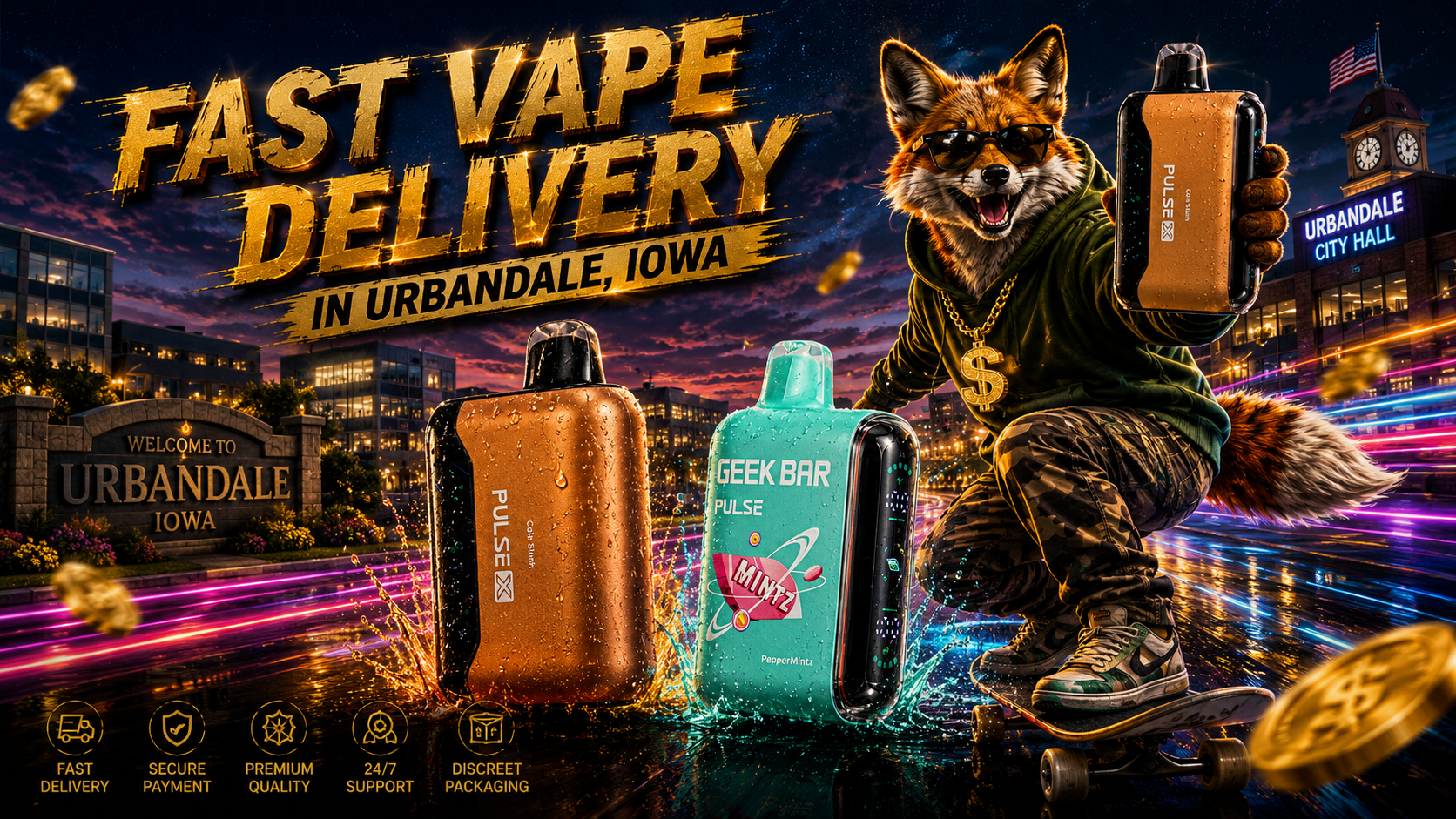 Water-covered devices stand amid neon trails as a skateboarding fox moves through a vivid Urbandale night scene.