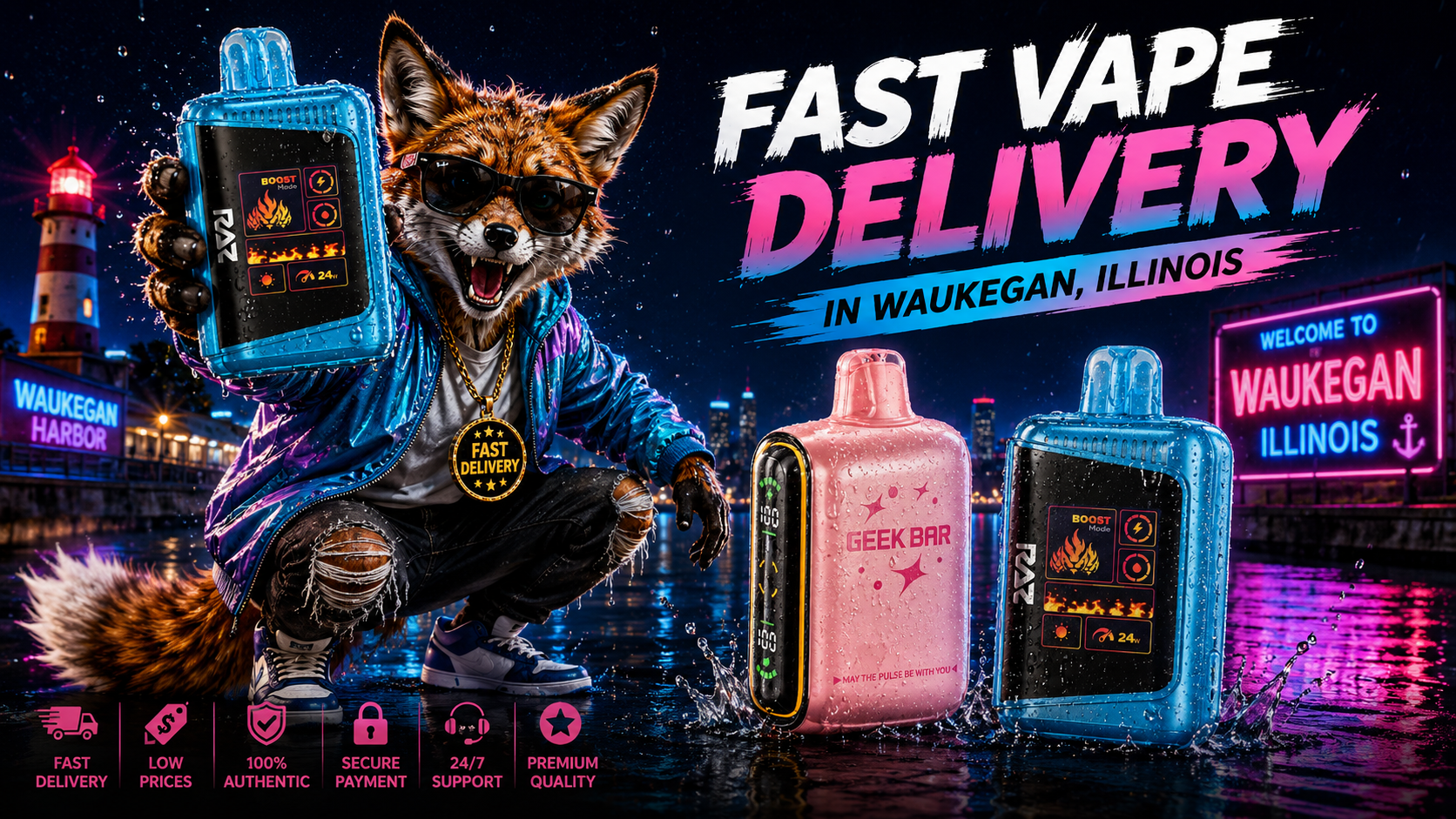 Blue and pink vape devices with water droplets, a fox mascot, and glowing Waukegan waterfront scenery.