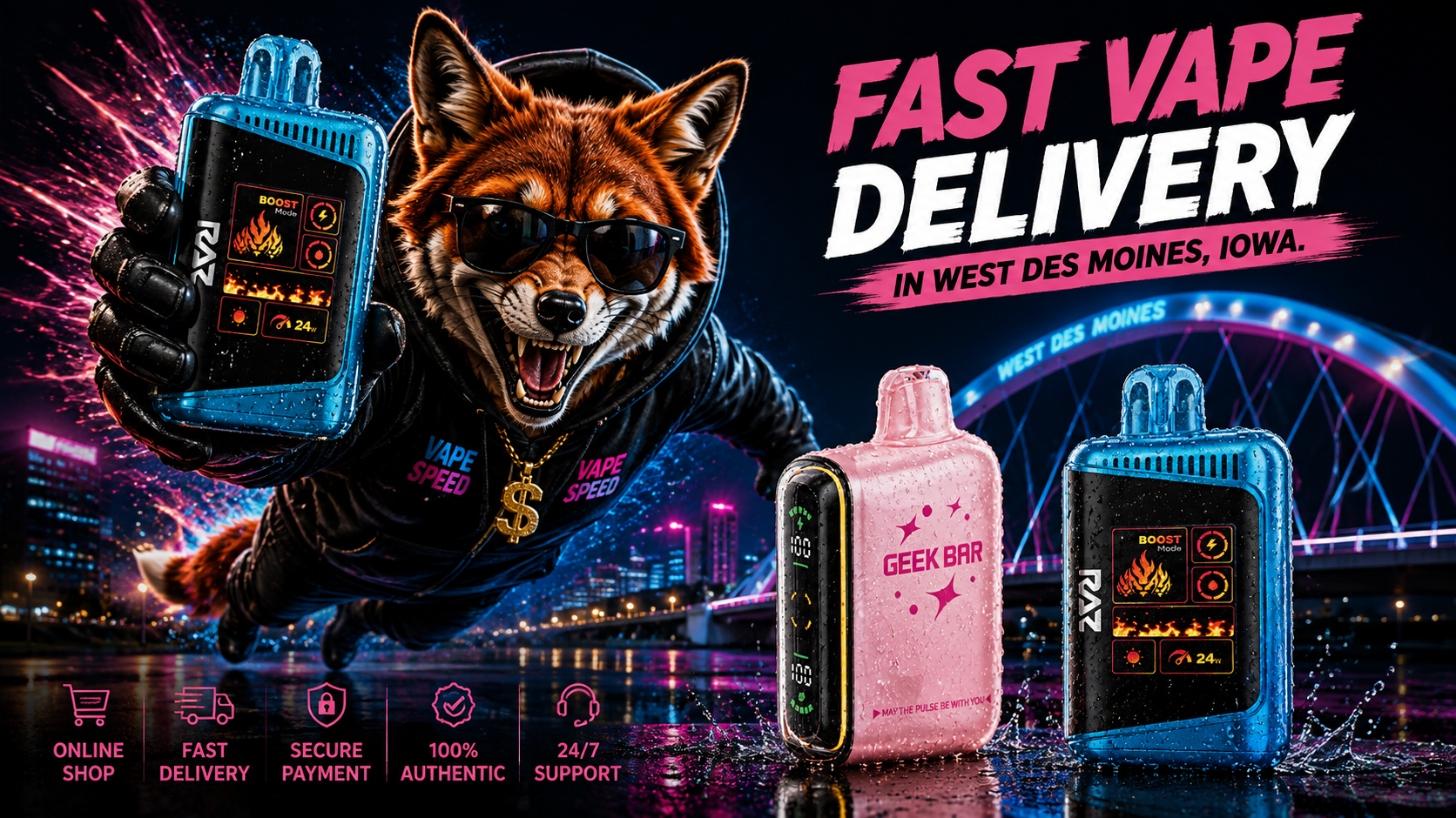 A sunglasses-wearing fox races past water-covered devices with vivid neon trails and a glowing West Des Moines bridge.