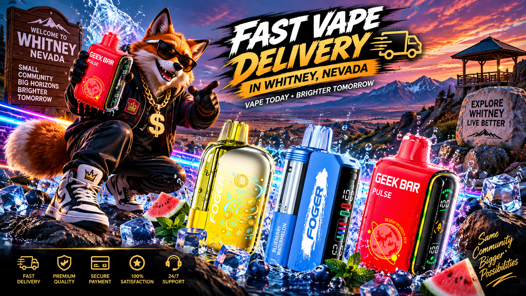 Vibrant vaping devices among ice and water effects with rocky scenery and a colorful Whitney, Nevada sunset.